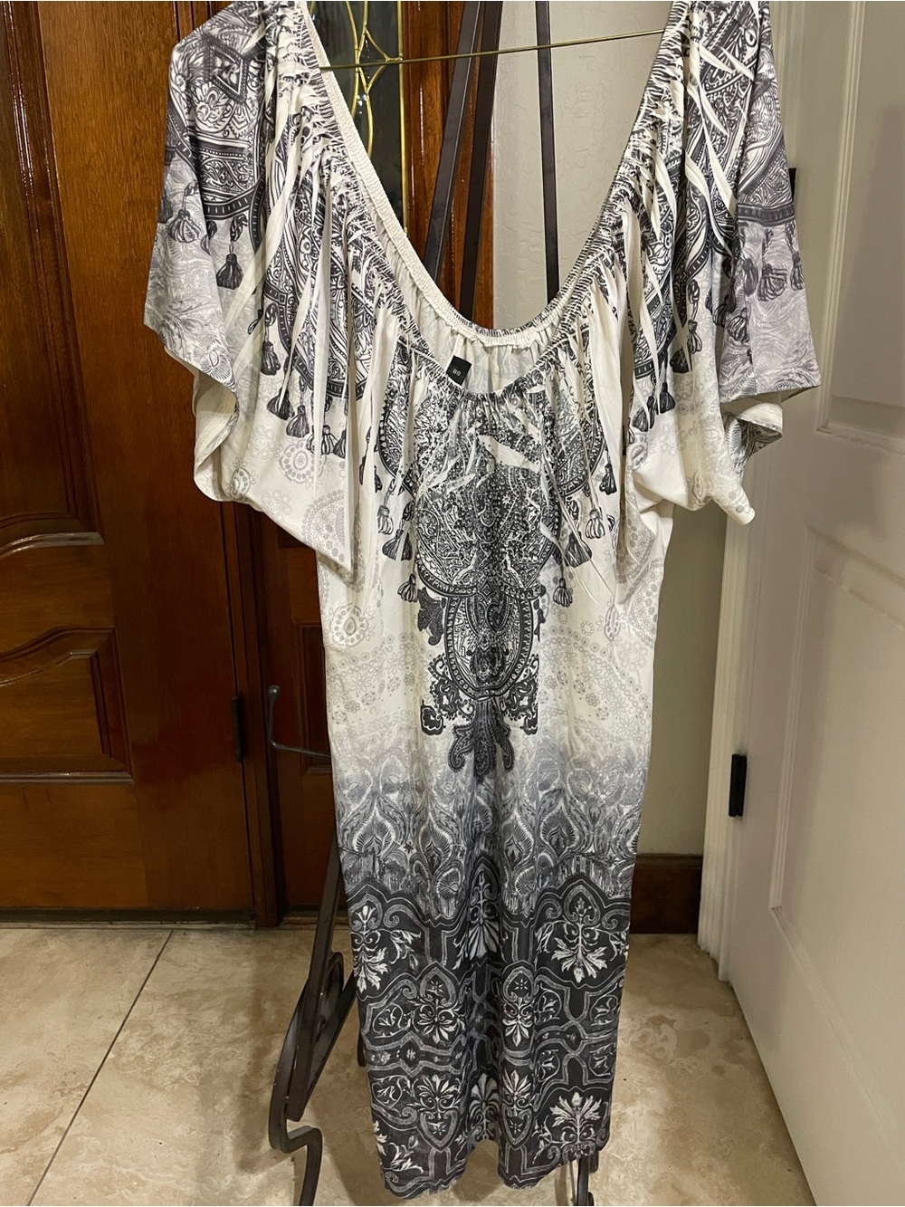 Y2K Dress Black & White Boho Dress with Tassel Print and rhinestones size M